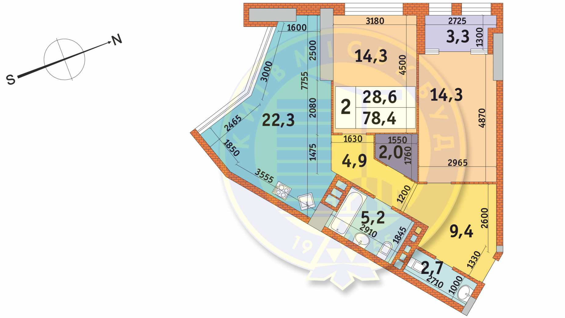 Планування 2-кімнатної квартири в ЖК Manhattan City 78.4 м², фото 140999