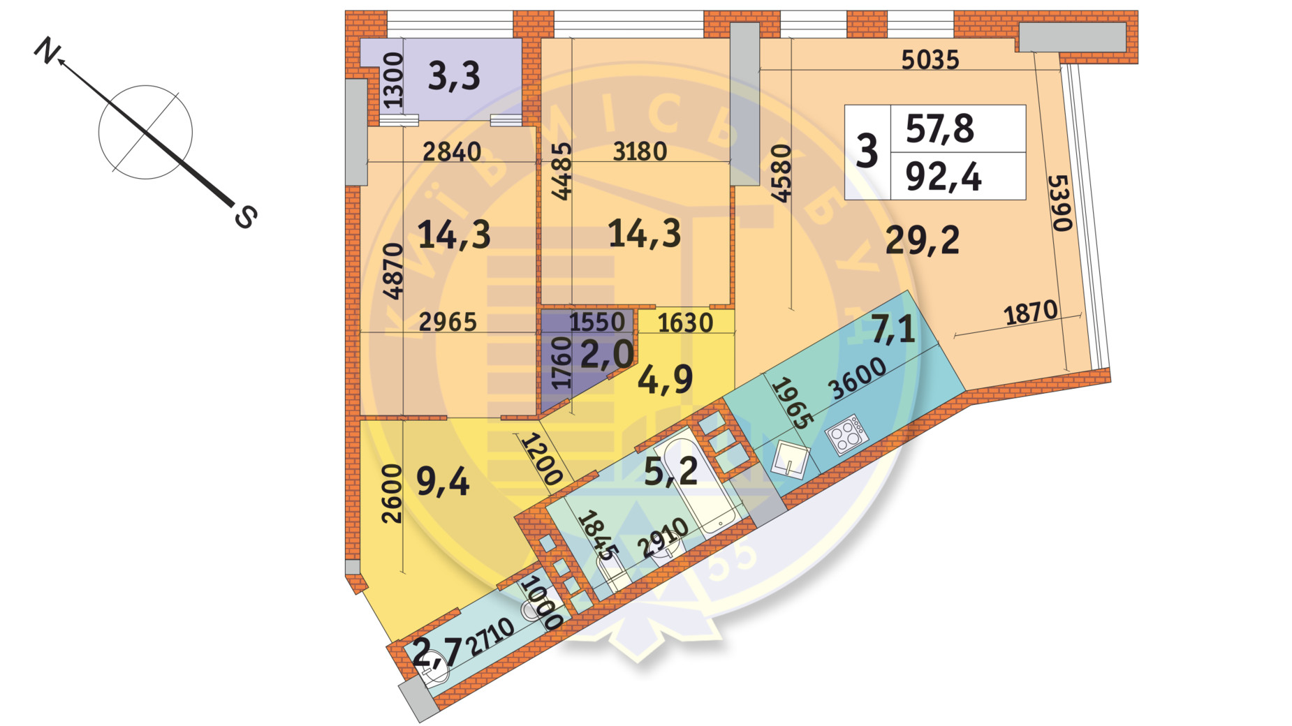 Планування 3-кімнатної квартири в ЖК Manhattan City 92.4 м², фото 141261