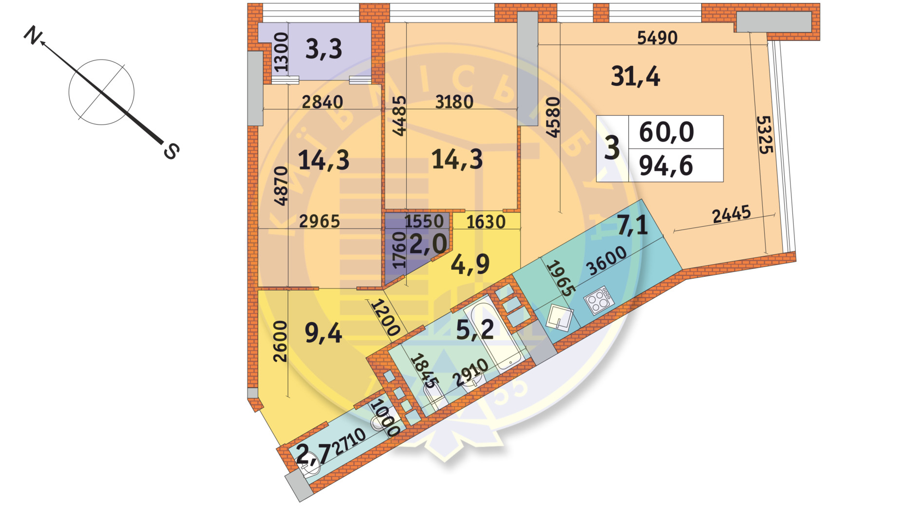 Планування 3-кімнатної квартири в ЖК Manhattan City 94.6 м², фото 141309