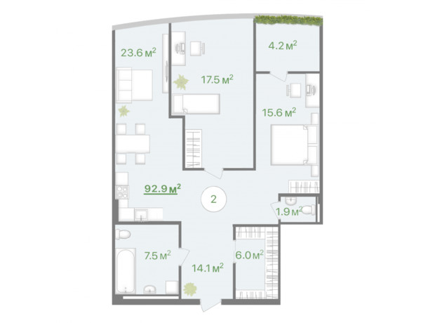 МФК Intergal City: планировка 2-комнатной квартиры 92.8 м²