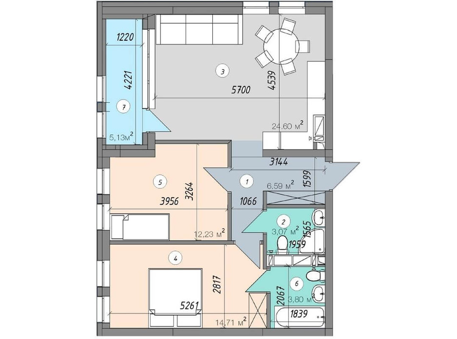 Планировка 2-комнатной квартиры в ЖК Sky Avenue 70.13 м², фото 142159 Планировка 2-комнатной квартиры в ЖК Sky Avenue 70.13 м², фото 142159