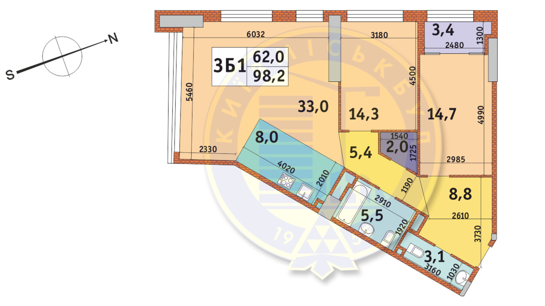 Планування 3-кімнатної квартири в ЖК Manhattan City 98.2 м², фото 145085