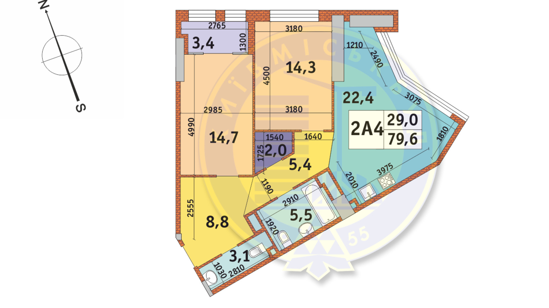 Планировка 2-комнатной квартиры в ЖК Manhattan City 79.6 м², фото 145135