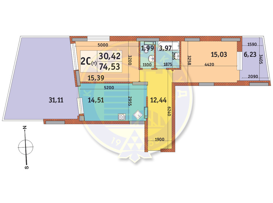 Планировка 2-комнатной квартиры в ЖК Итальянский квартал 74.53 м², фото 145164 Планировка 2-комнатной квартиры в ЖК Итальянский квартал 74.53 м², фото 145164