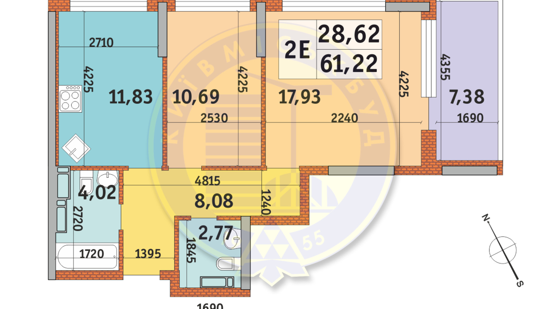 Планування 2-кімнатної квартири в ЖК Урлівський-1 61.22 м², фото 145175