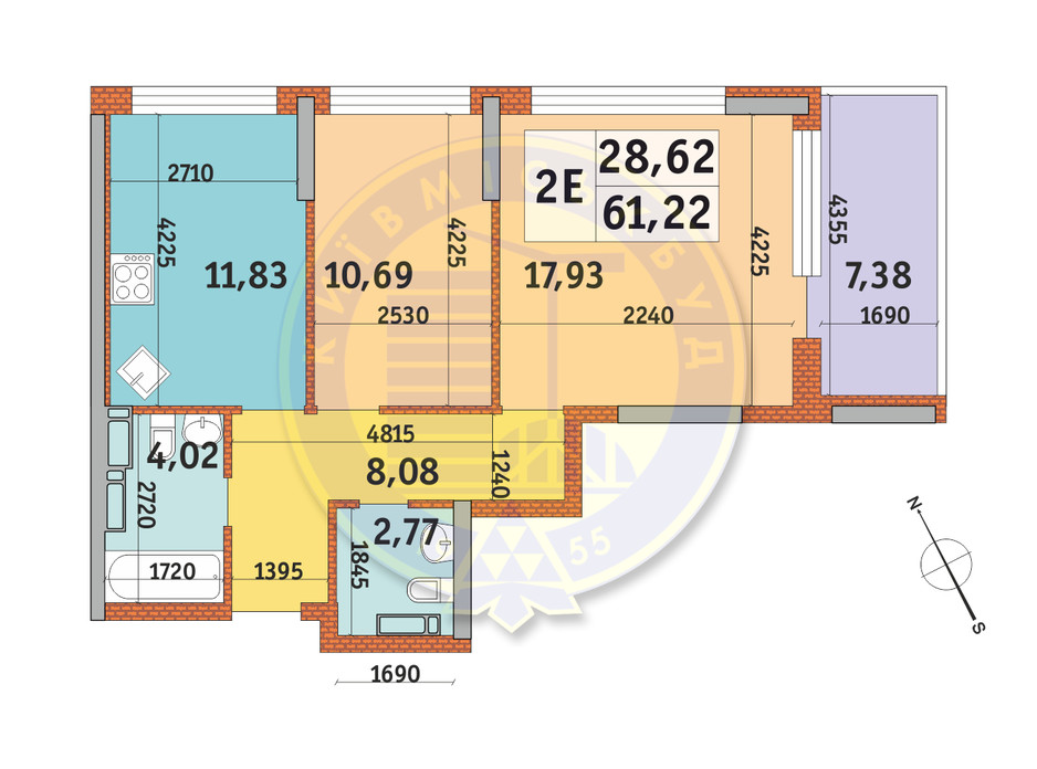 Планування 2-кімнатної квартири в ЖК Урлівський-1 61.22 м², фото 145175 Планування 2-кімнатної квартири в ЖК Урлівський-1 61.22 м², фото 145175