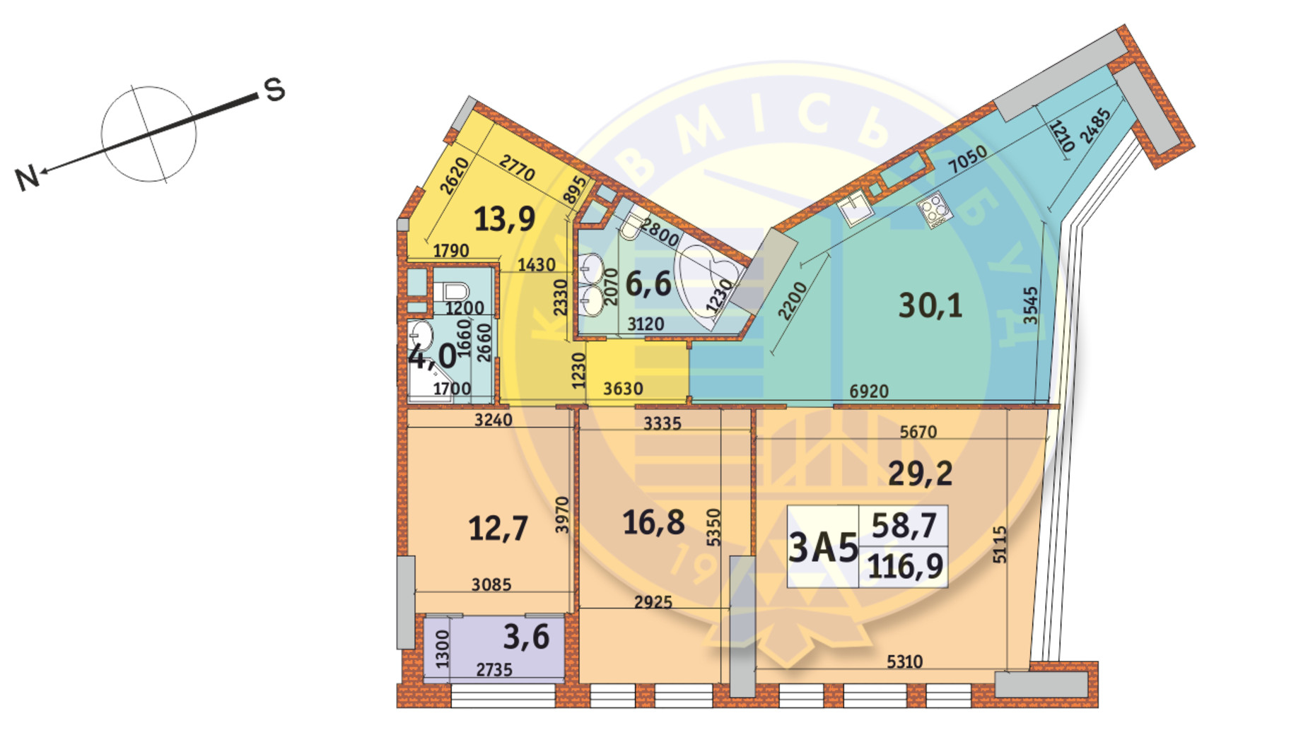 Планування 3-кімнатної квартири в ЖК Manhattan City 116.9 м², фото 145213