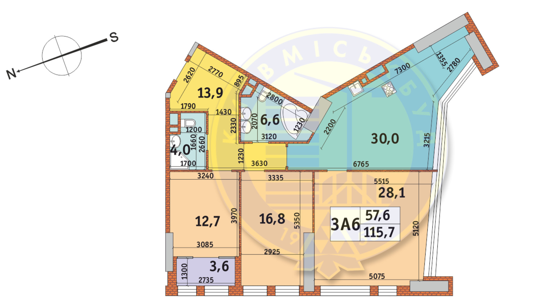 Планировка 3-комнатной квартиры в ЖК Manhattan City 115.7 м², фото 145214