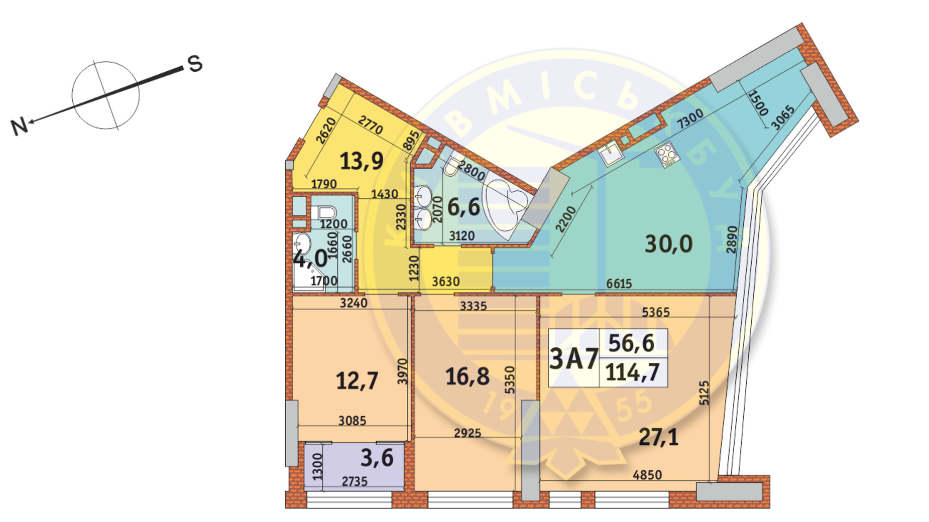 Планировка 3-комнатной квартиры в ЖК Manhattan City 114.7 м², фото 145215
