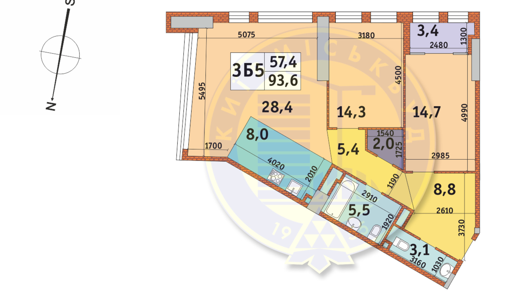 Планування 3-кімнатної квартири в ЖК Manhattan City 93.6 м², фото 145217