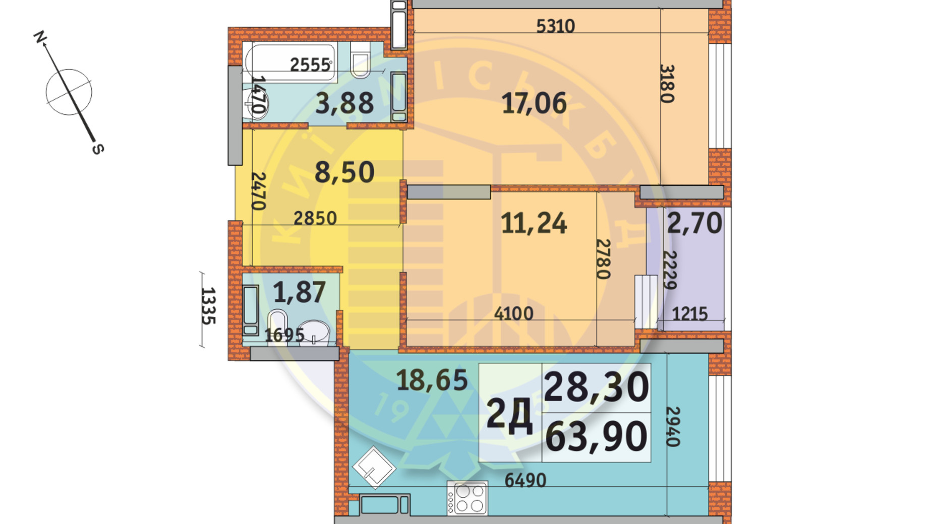 Планировка 2-комнатной квартиры в ЖК Урловский-1 63.9 м², фото 145223