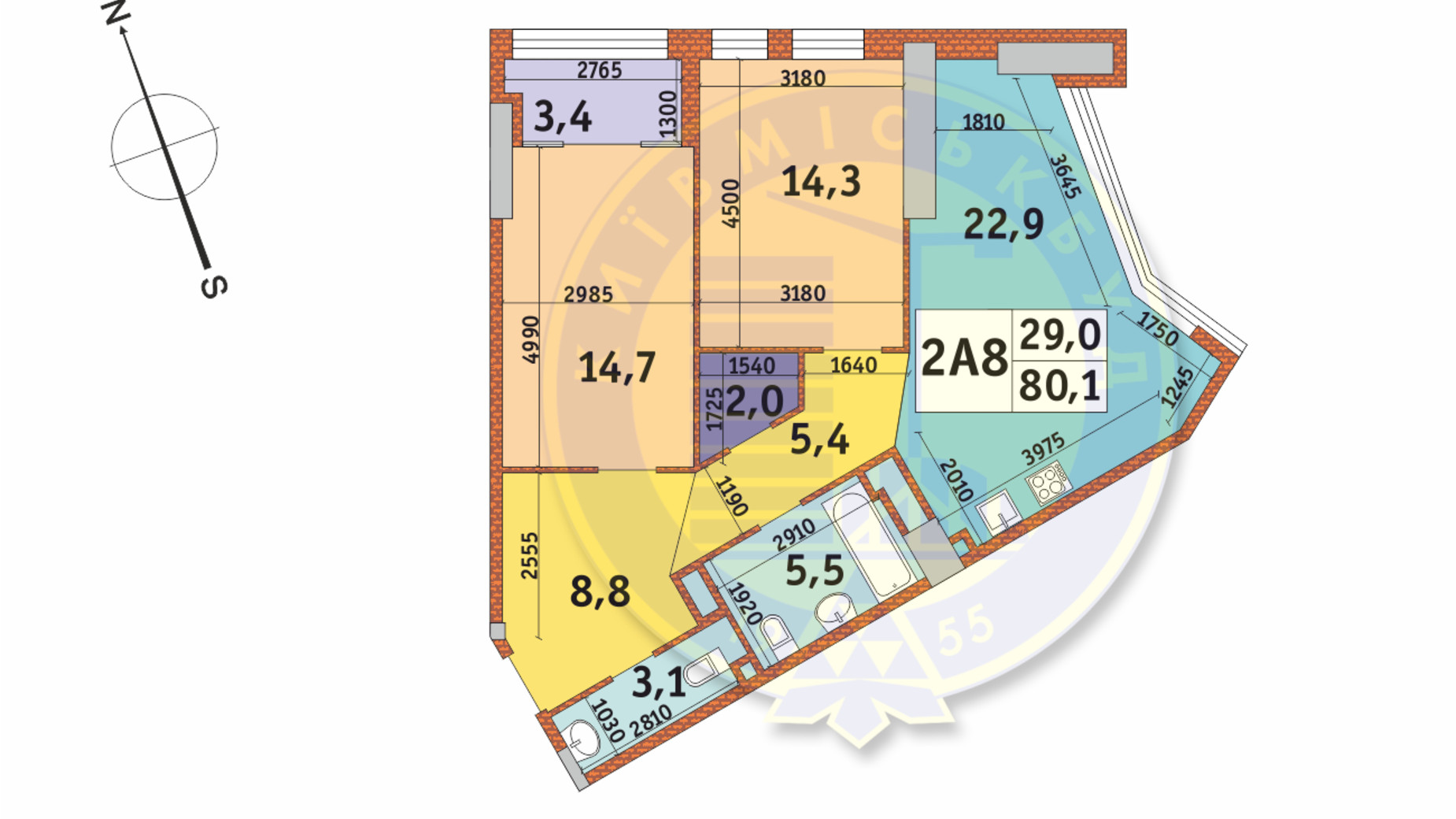 Планування 2-кімнатної квартири в ЖК Manhattan City 80.1 м², фото 145260