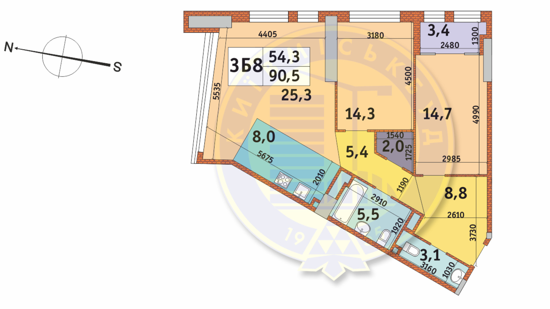 Планування 3-кімнатної квартири в ЖК Manhattan City 90.5 м², фото 145264