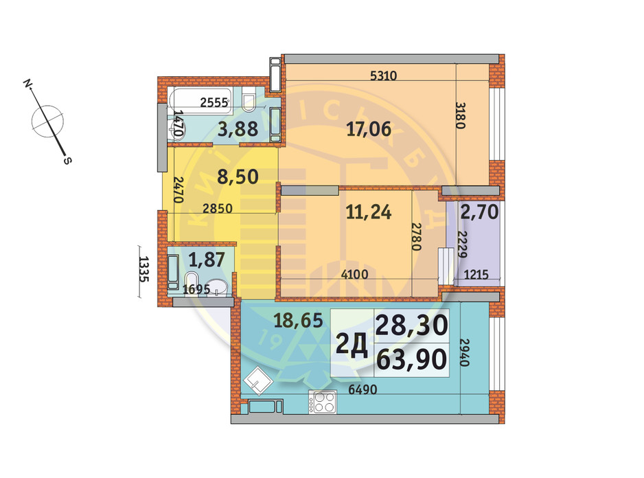 Планування 2-кімнатної квартири в ЖК Урлівський-1 63.9 м², фото 145271 Планування 2-кімнатної квартири в ЖК Урлівський-1 63.9 м², фото 145271