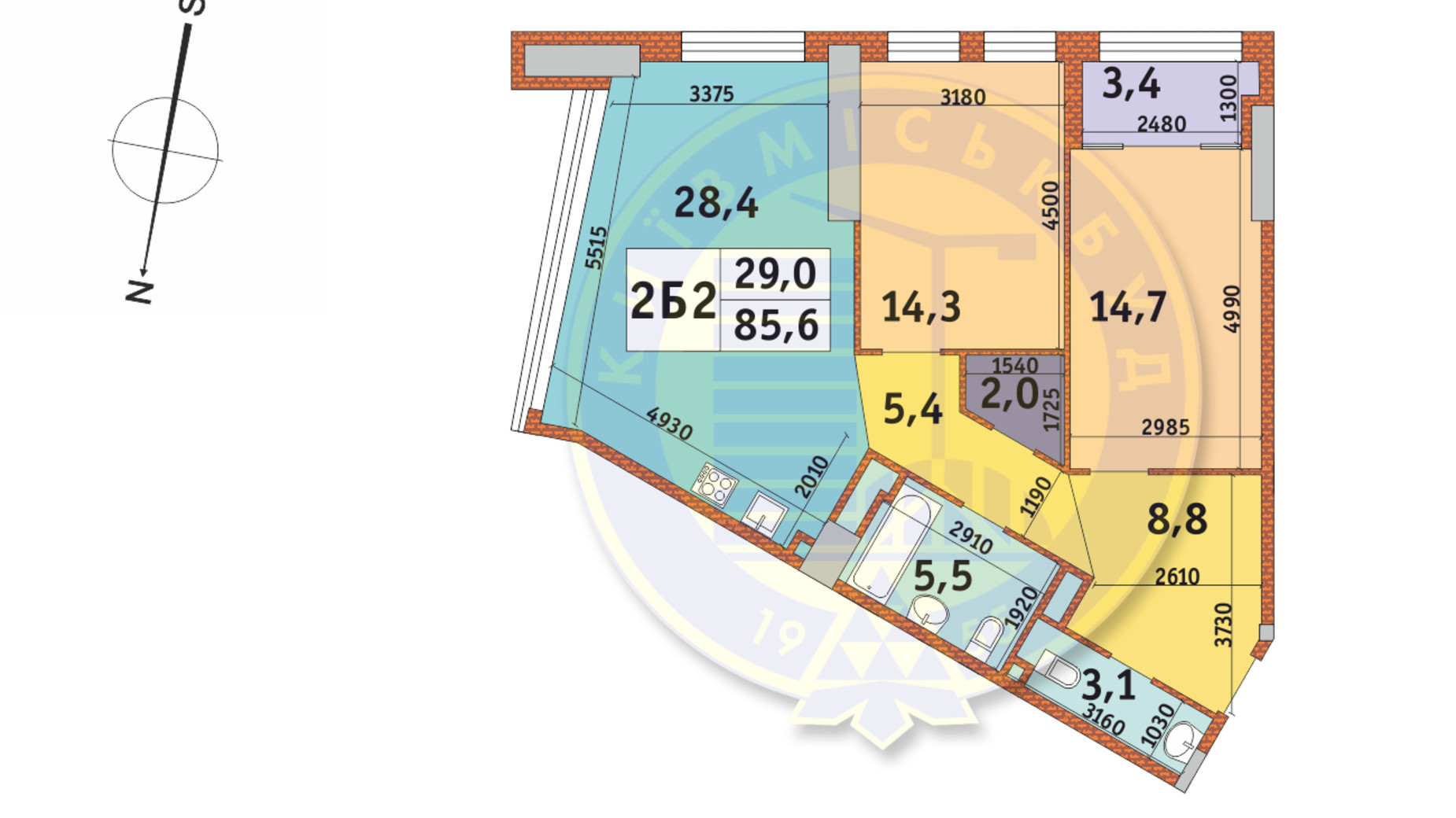 Планування 2-кімнатної квартири в ЖК Manhattan City 85.6 м², фото 145331