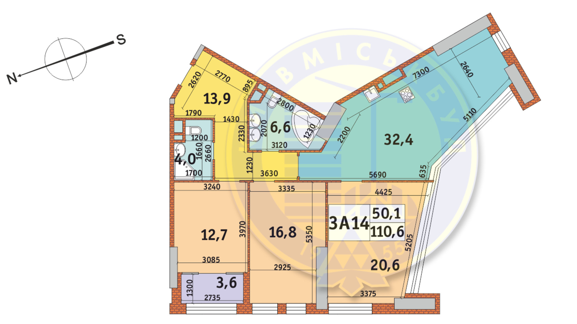 Планировка 3-комнатной квартиры в ЖК Manhattan City 110.6 м², фото 145334