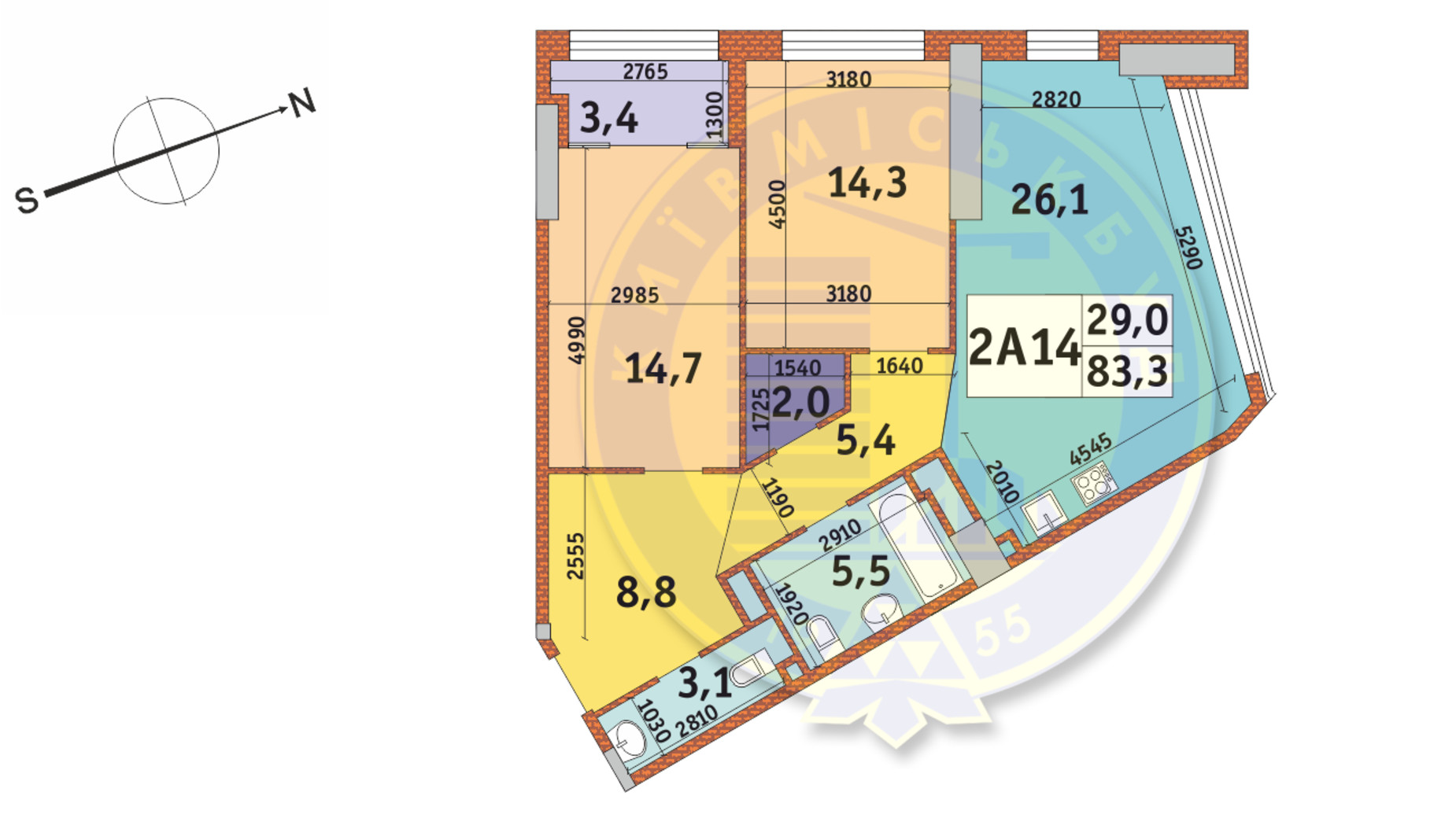 Планування 2-кімнатної квартири в ЖК Manhattan City 83.3 м², фото 145337