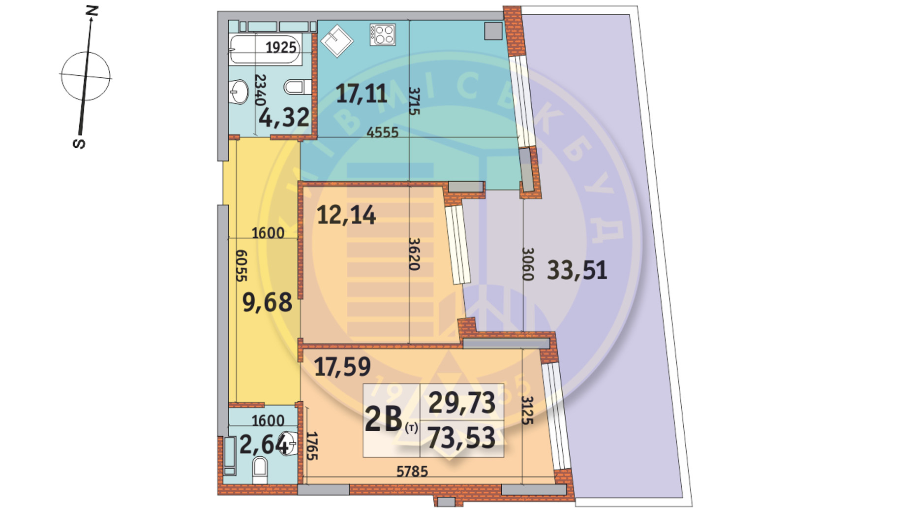 Планування 2-кімнатної квартири в ЖК Італійський квартал 73.53 м², фото 145394