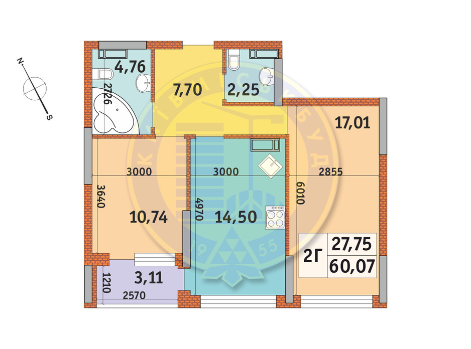 Планування 2-кімнатної квартири в ЖК Урлівський-1 60.07 м², фото 145461 Планування 2-кімнатної квартири в ЖК Урлівський-1 60.07 м², фото 145461