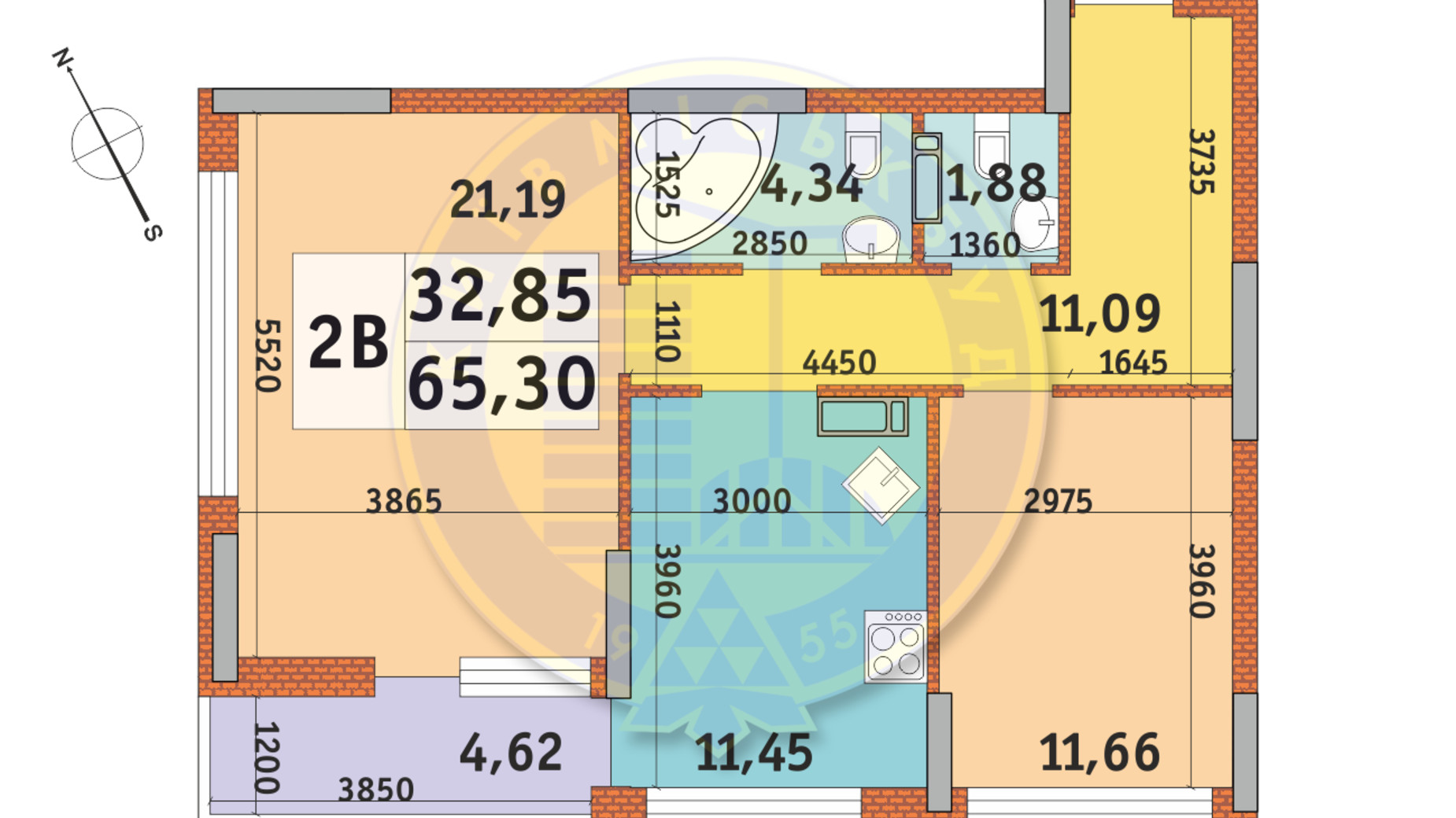 Планування 2-кімнатної квартири в ЖК Урлівський-1 65.3 м², фото 145467