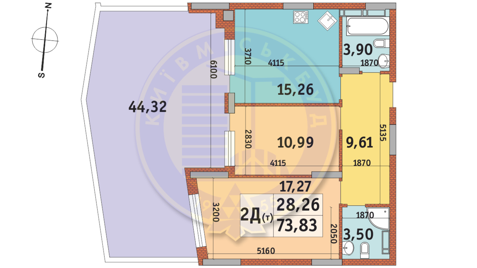 Планування 2-кімнатної квартири в ЖК Італійський квартал 73.83 м², фото 145470