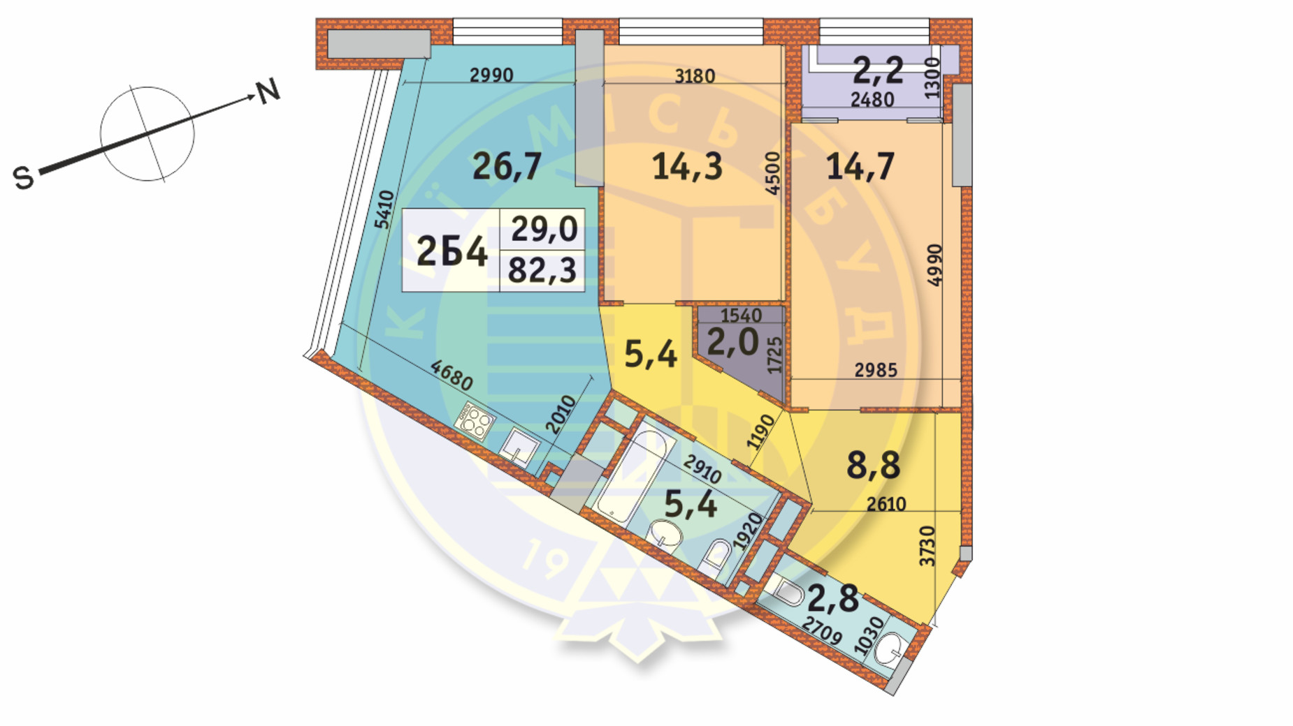 Планування 2-кімнатної квартири в ЖК Manhattan City 82.3 м², фото 145522