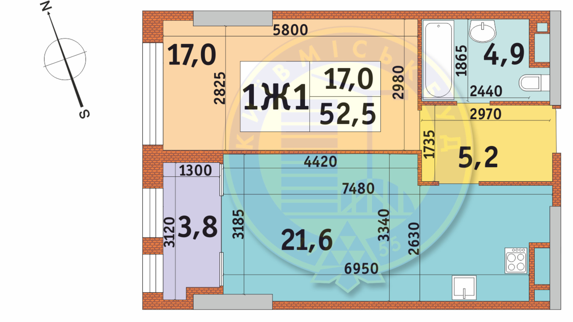 Планування 1-кімнатної квартири в ЖК Manhattan City 52.5 м², фото 145567