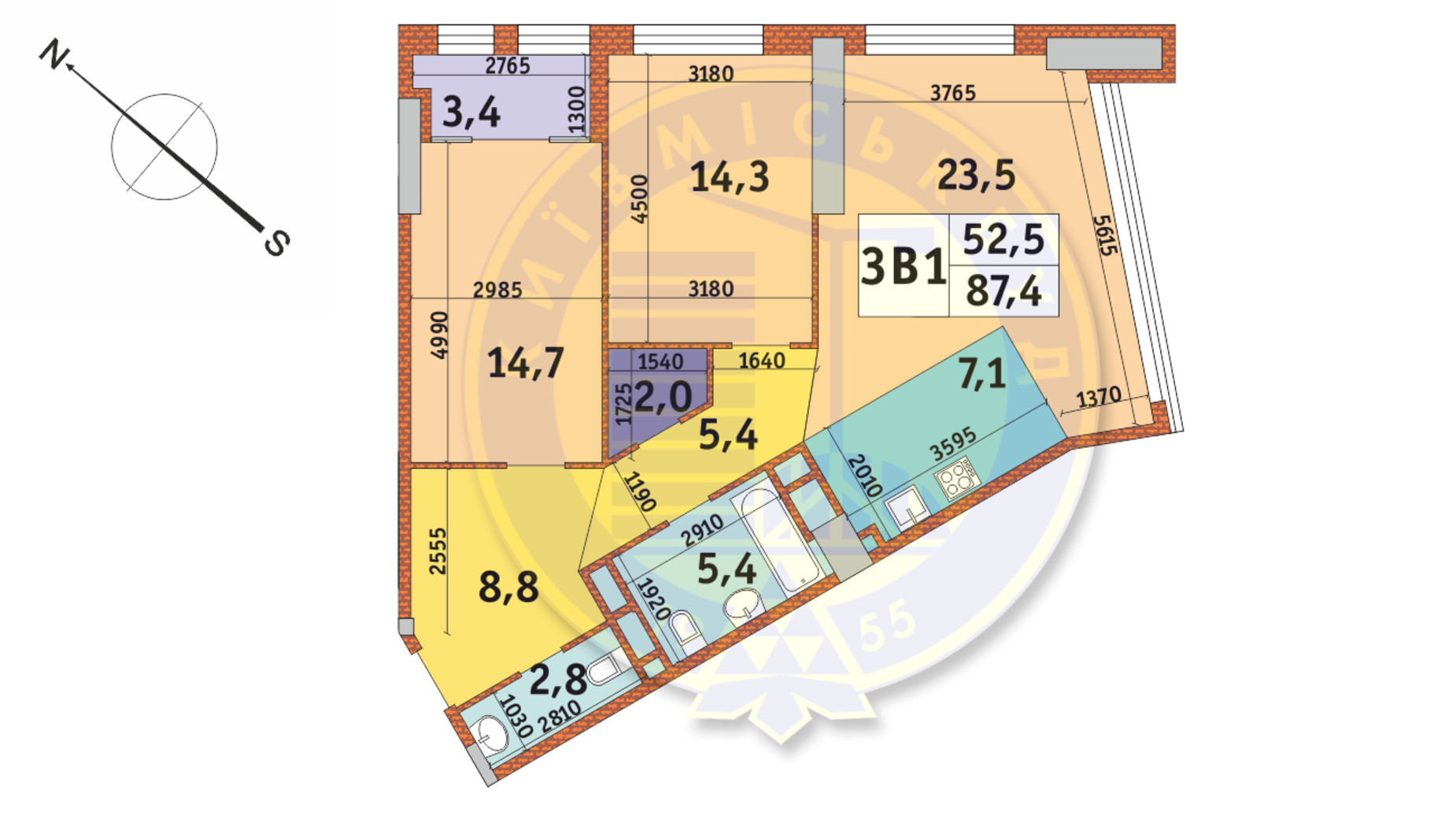 Планування 3-кімнатної квартири в ЖК Manhattan City 87.4 м², фото 145602