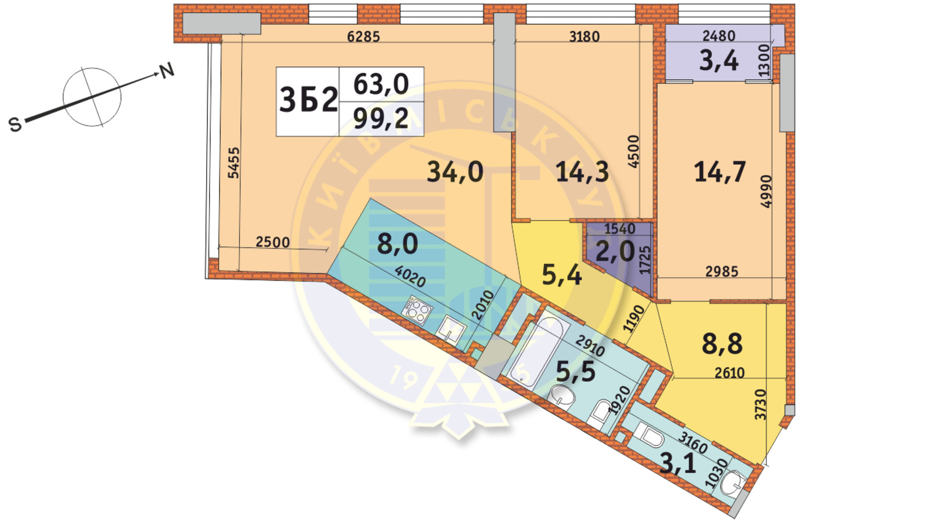 Планировка 3-комнатной квартиры в ЖК Manhattan City 99.2 м², фото 145638