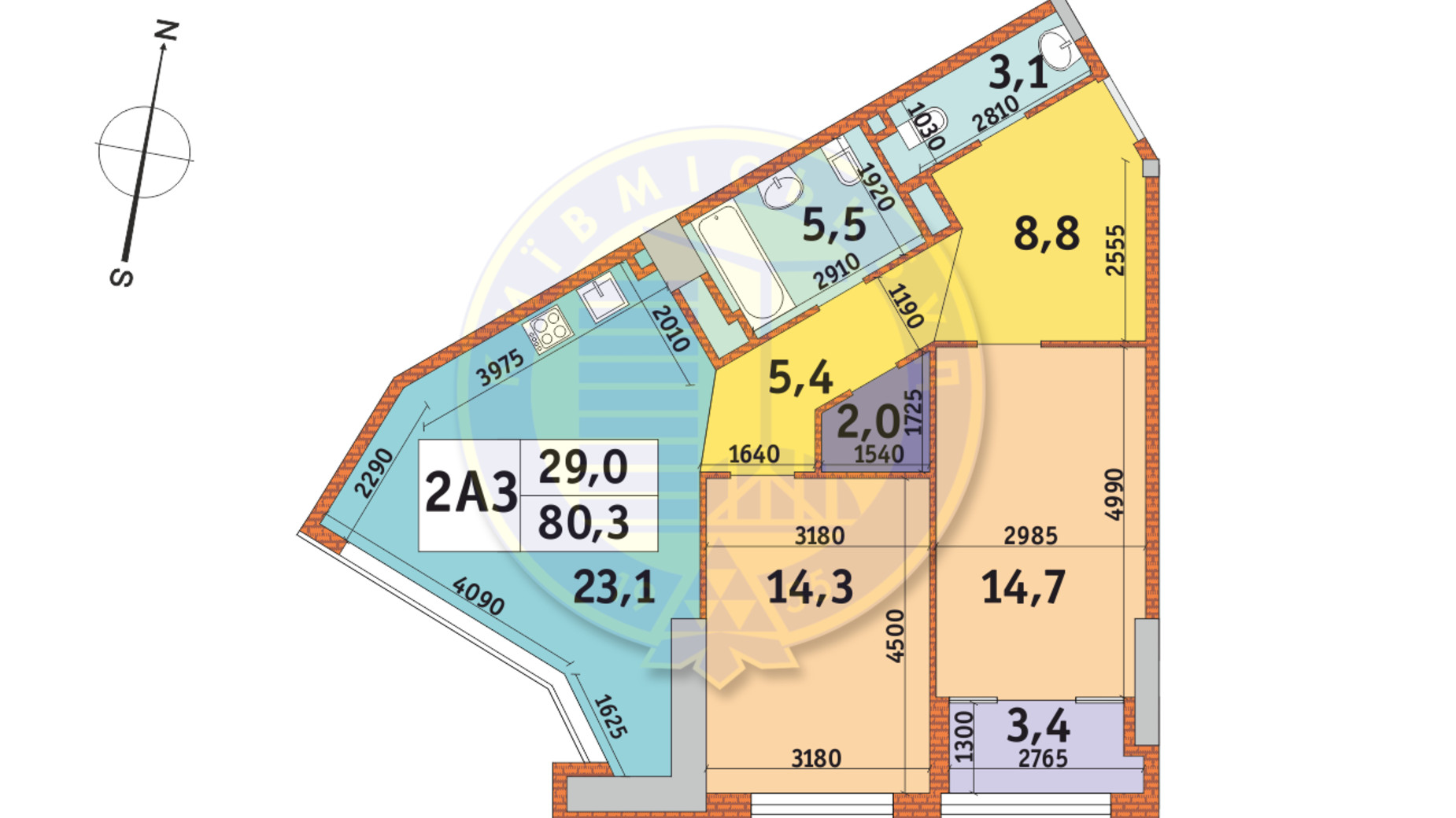 Планування 2-кімнатної квартири в ЖК Manhattan City 80.3 м², фото 145647