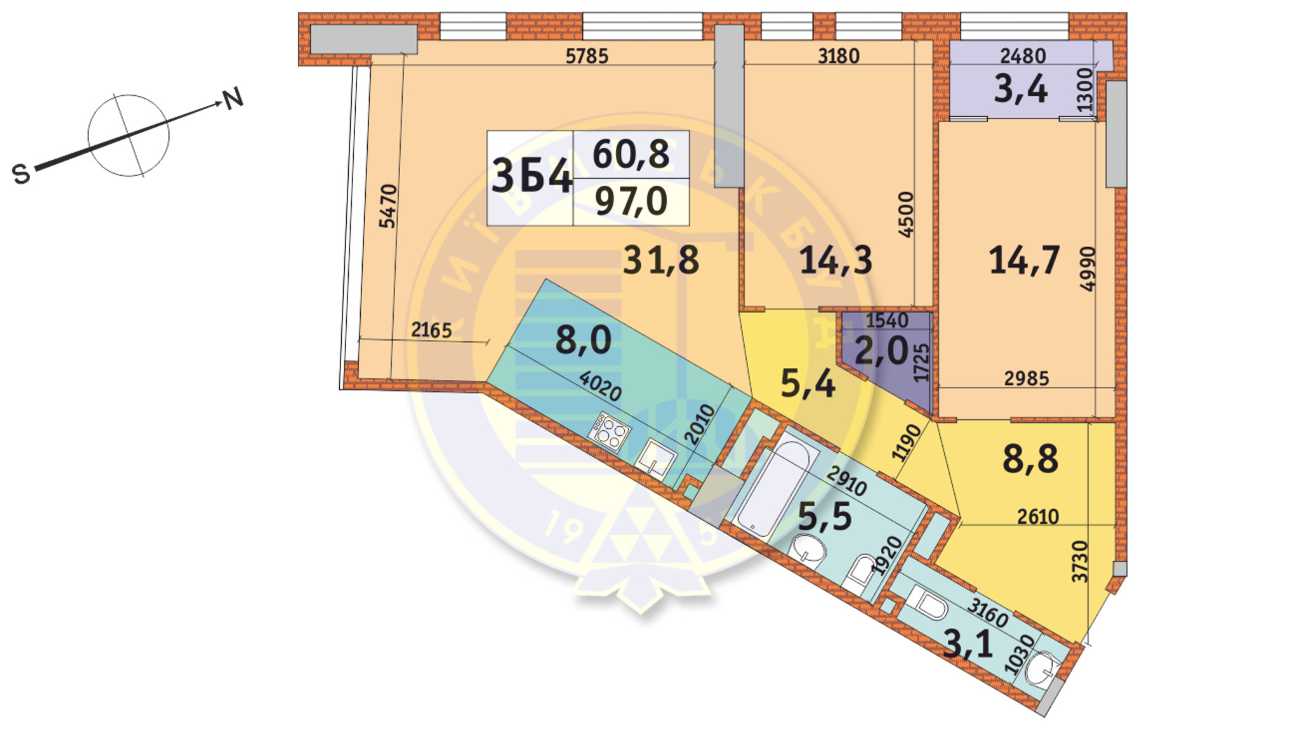 Планировка 3-комнатной квартиры в ЖК Manhattan City 97 м², фото 145664