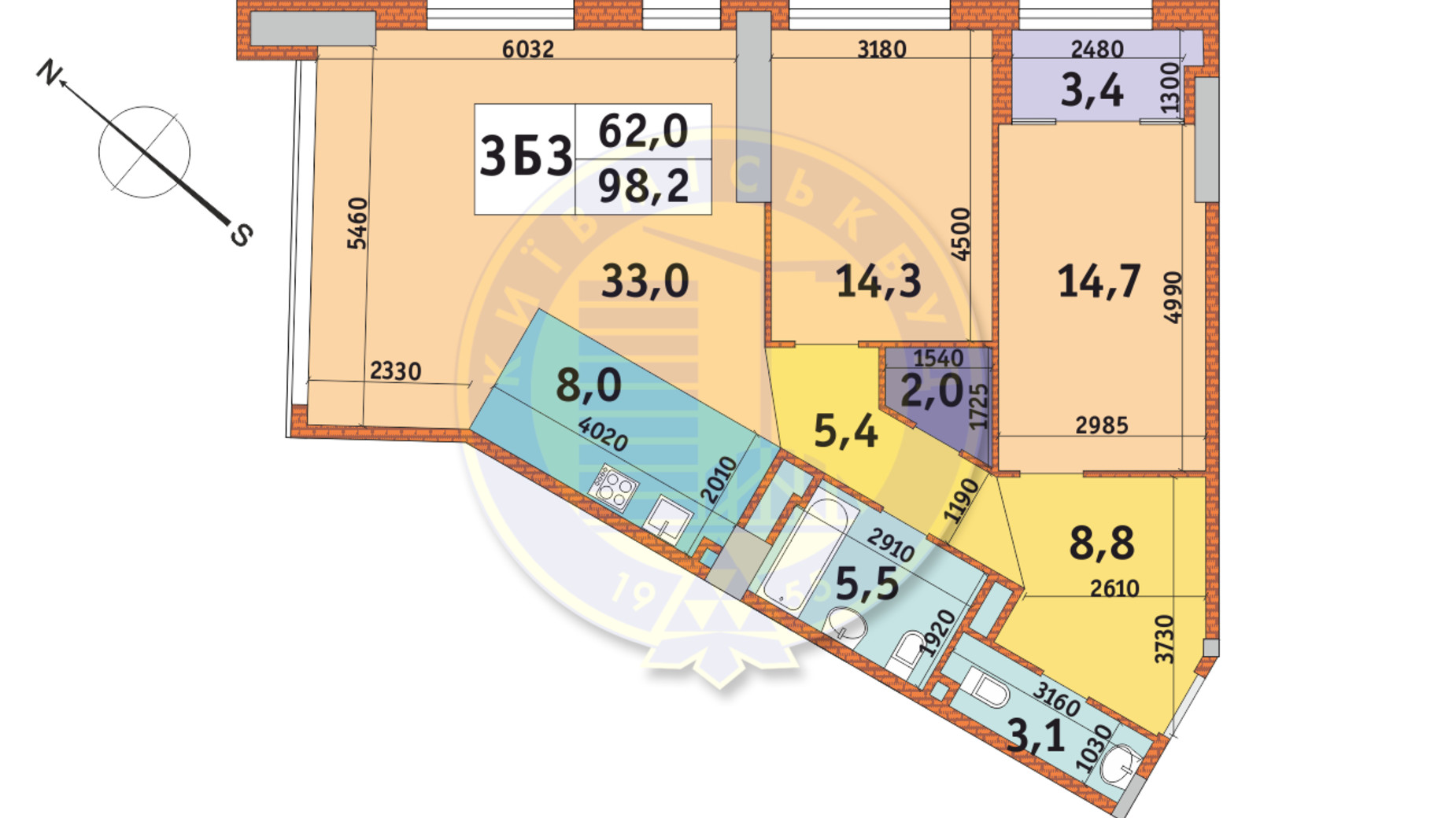 Планировка 3-комнатной квартиры в ЖК Manhattan City 98.2 м², фото 145665