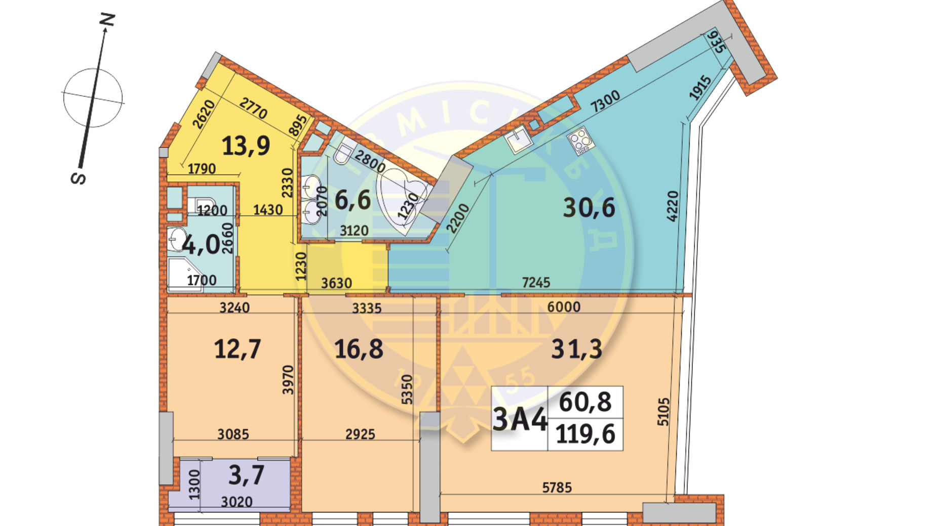 Планировка 3-комнатной квартиры в ЖК Manhattan City 119.6 м², фото 145666