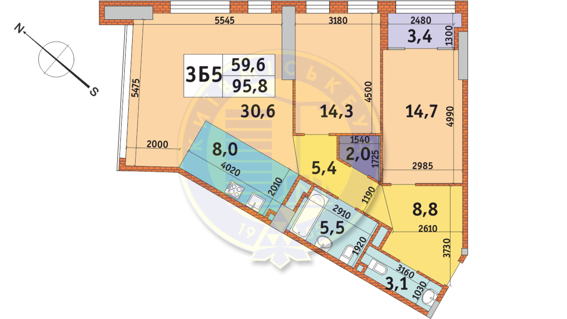 Планування 3-кімнатної квартири в ЖК Manhattan City 95.8 м², фото 145670