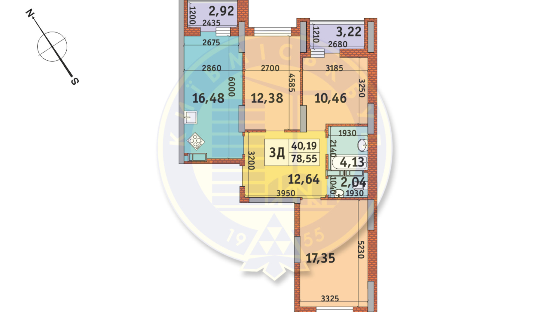 Планування 3-кімнатної квартири в ЖК Медовий-2 78.55 м², фото 145672