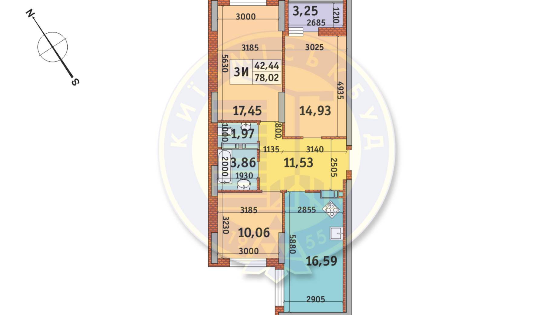 Планировка 3-комнатной квартиры в ЖК Медовый-2 78.02 м², фото 145728