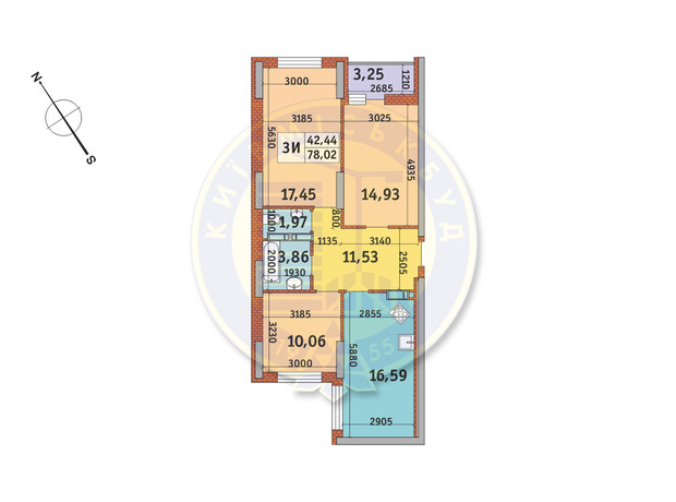 ЖК Медовий-2: планування 3-кімнатної квартири 78.02 м²