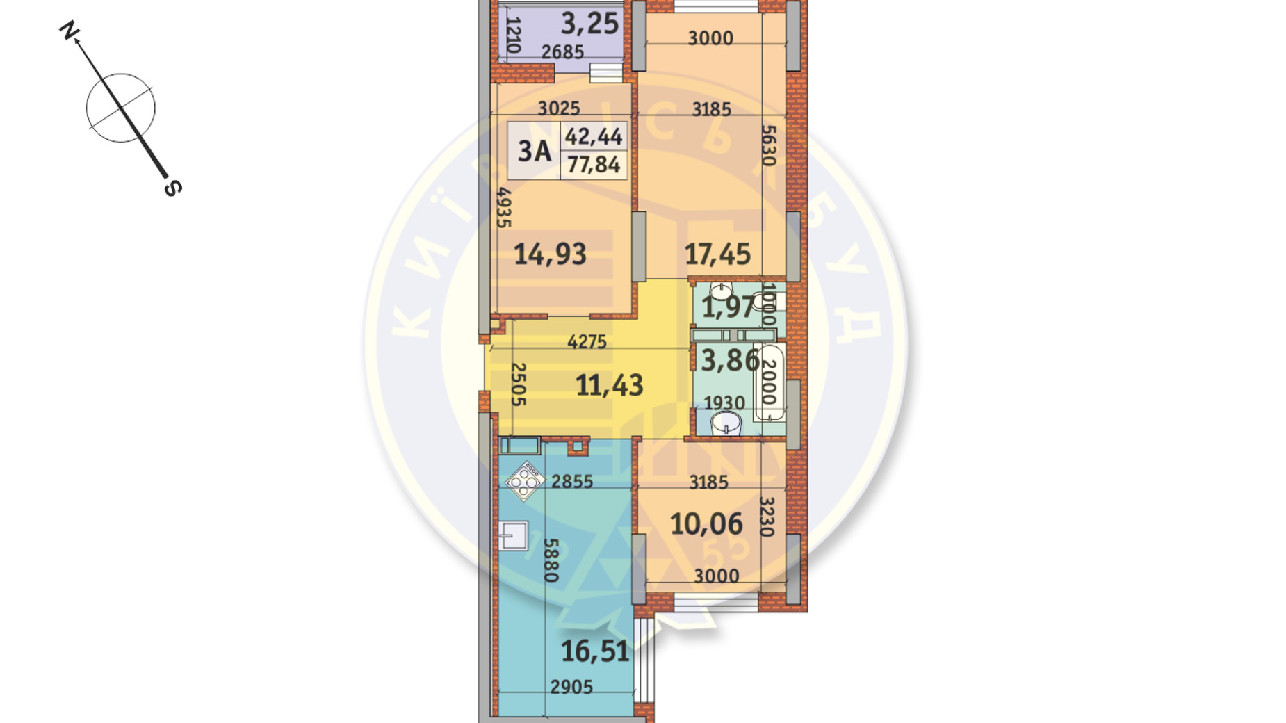 Планування 3-кімнатної квартири в ЖК Медовий-2 77.84 м², фото 145730