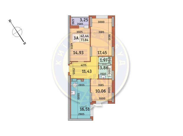 ЖК Медовый-2: планировка 3-комнатной квартиры 77.84 м²