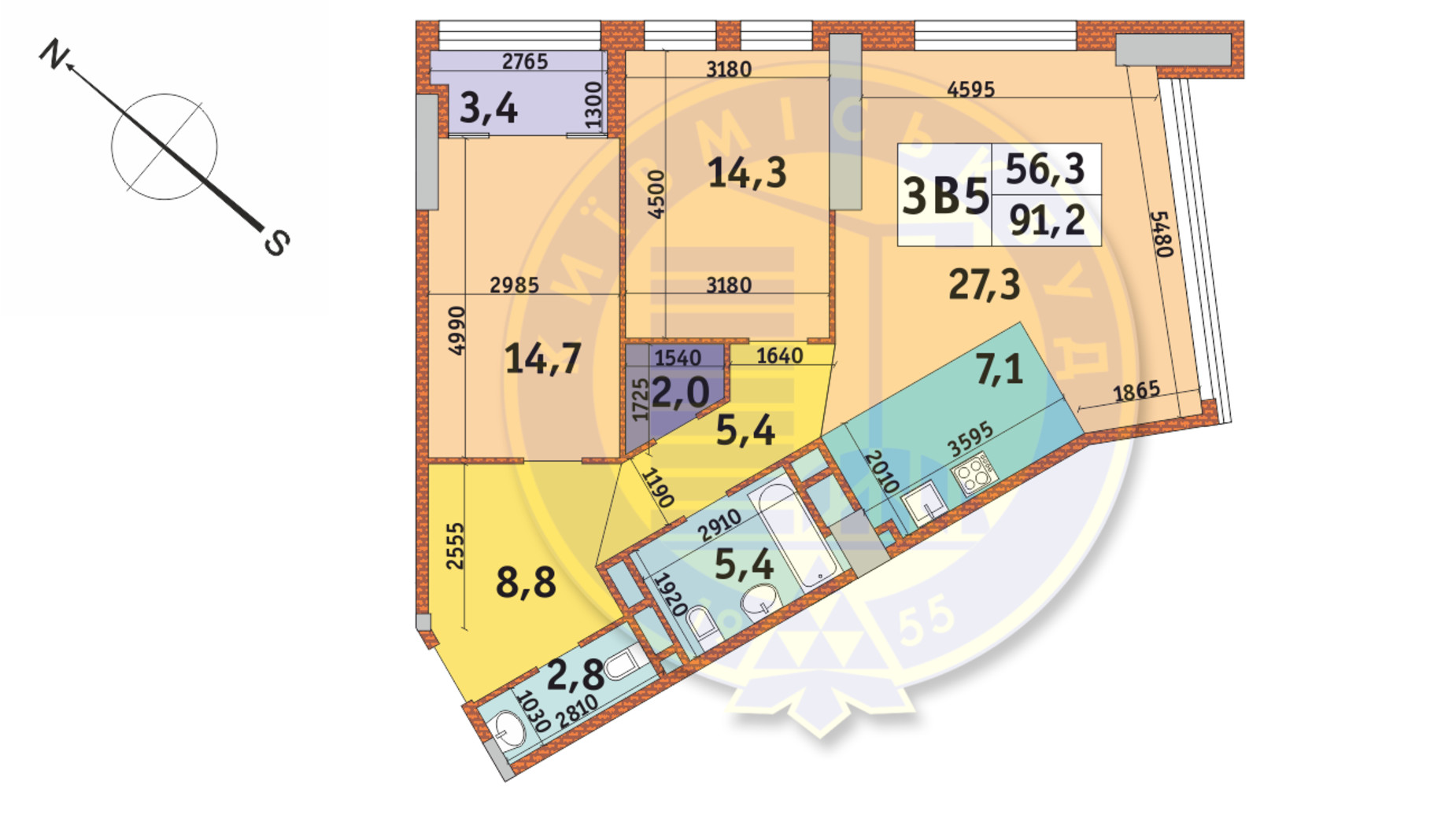 Планировка 3-комнатной квартиры в ЖК Manhattan City 91.2 м², фото 145788