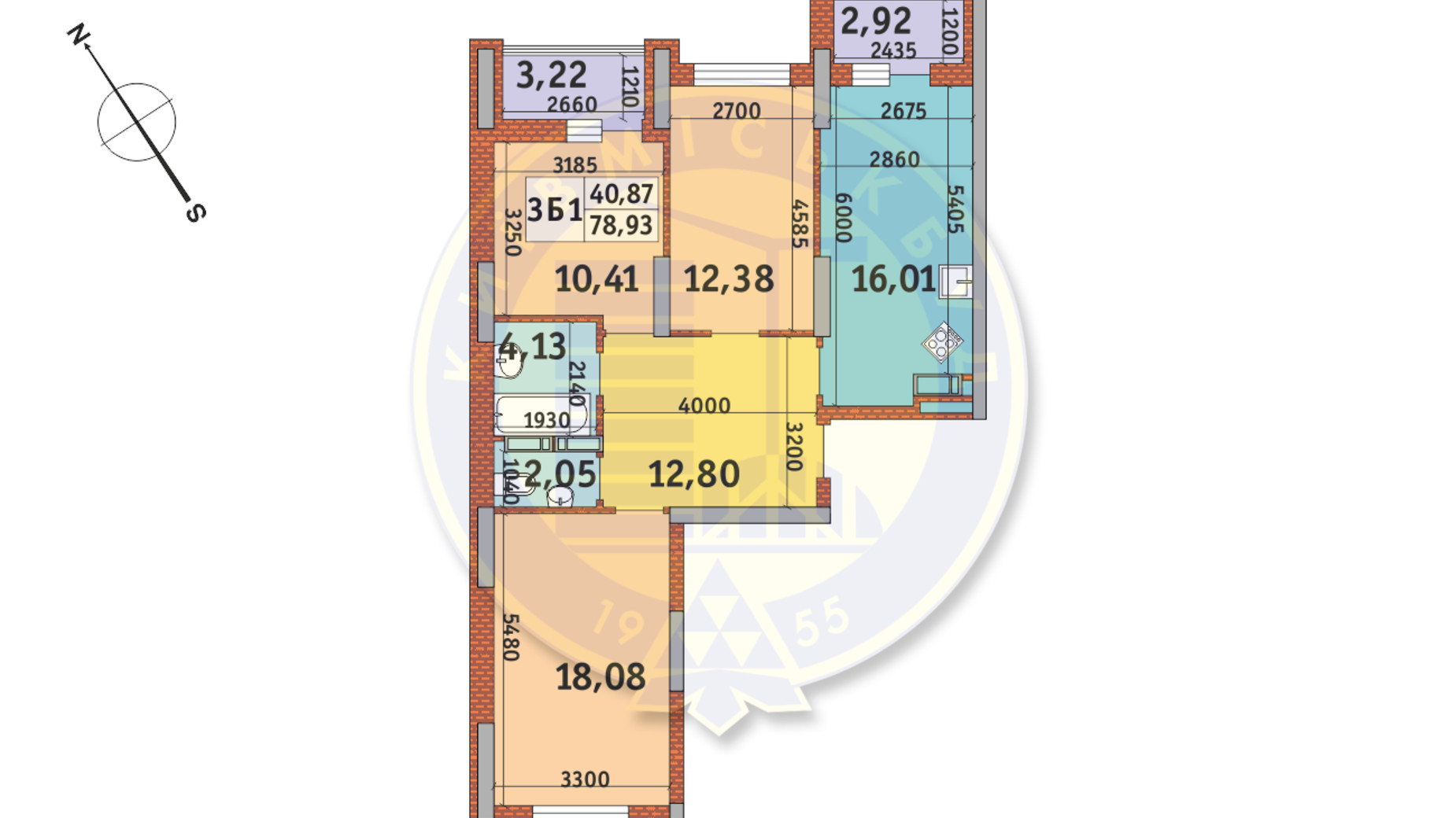 Планировка 3-комнатной квартиры в ЖК Медовый-2 78.93 м², фото 145867