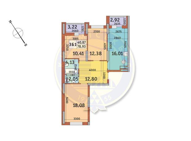 ЖК Медовый-2: планировка 3-комнатной квартиры 78.93 м²