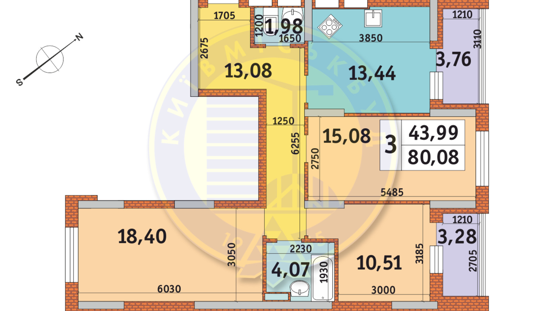 Планування 3-кімнатної квартири в ЖК Медовий 80.08 м², фото 145942