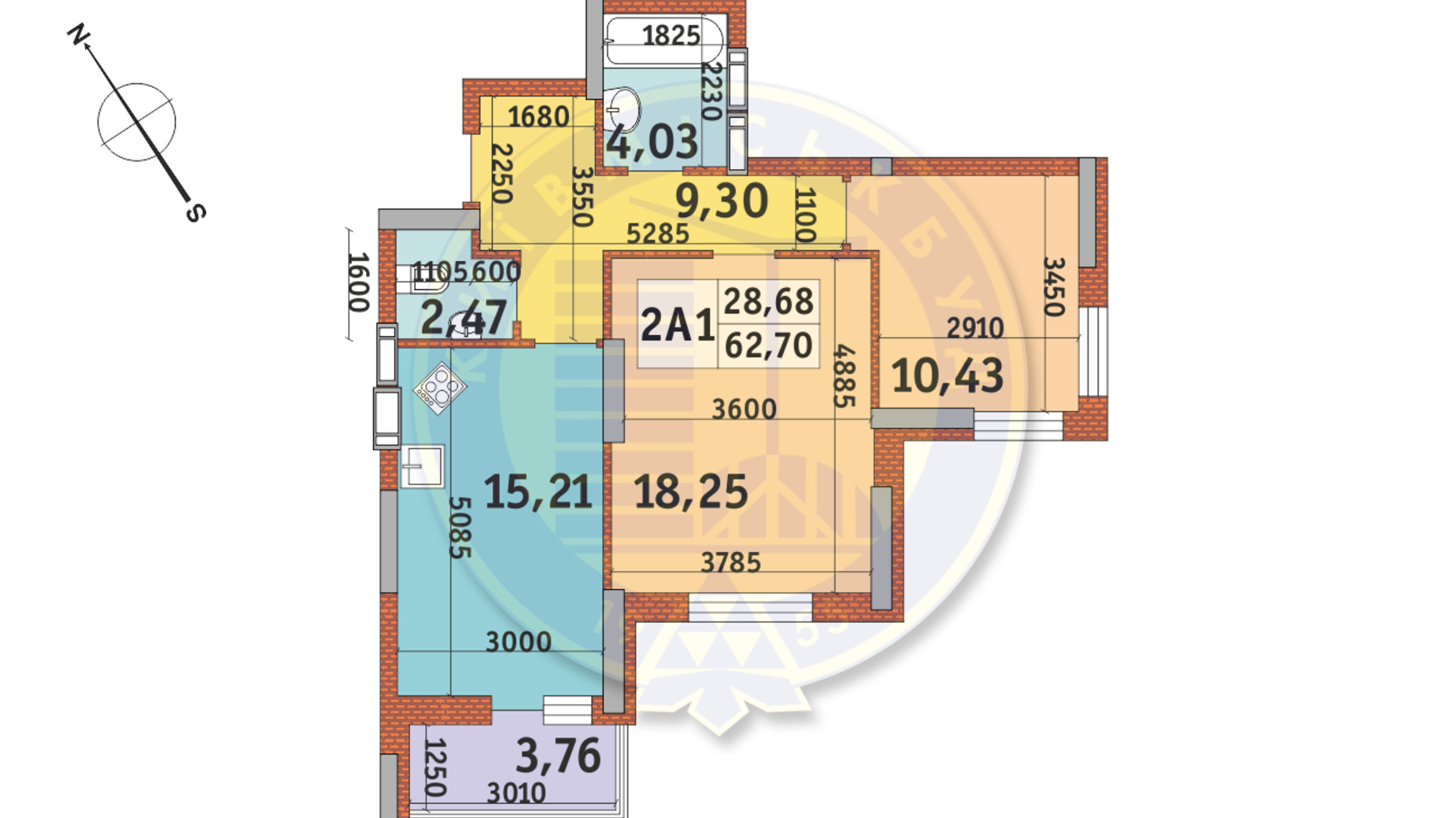 Планування 2-кімнатної квартири в ЖК Медовий-2 62.7 м², фото 145960