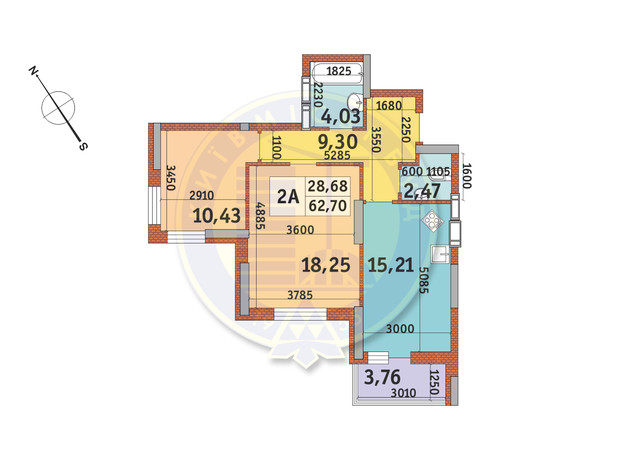 ЖК Медовый-2: планировка 2-комнатной квартиры 62.7 м²