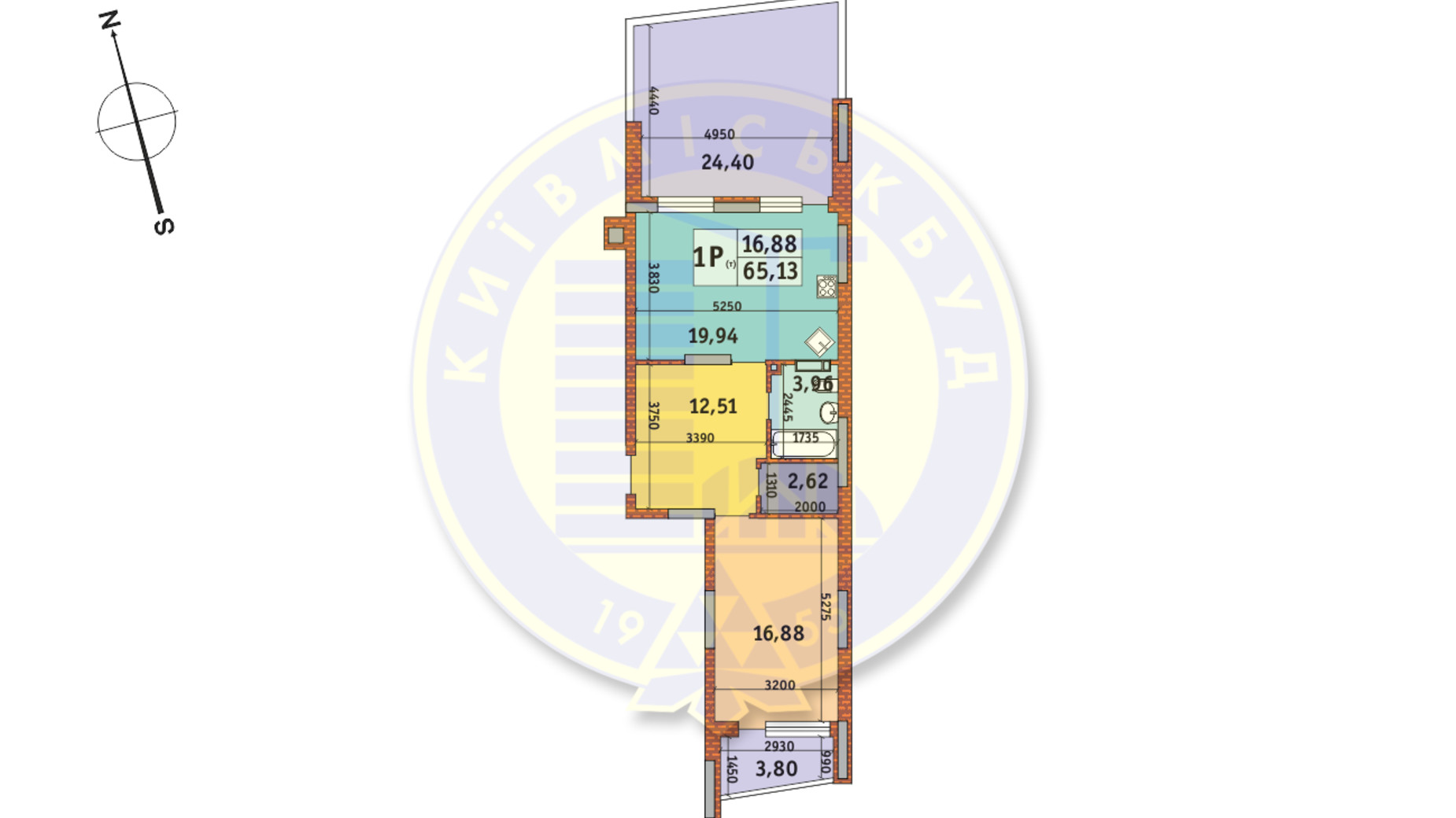 Планування 1-кімнатної квартири в ЖК Італійський квартал 65.13 м², фото 146032