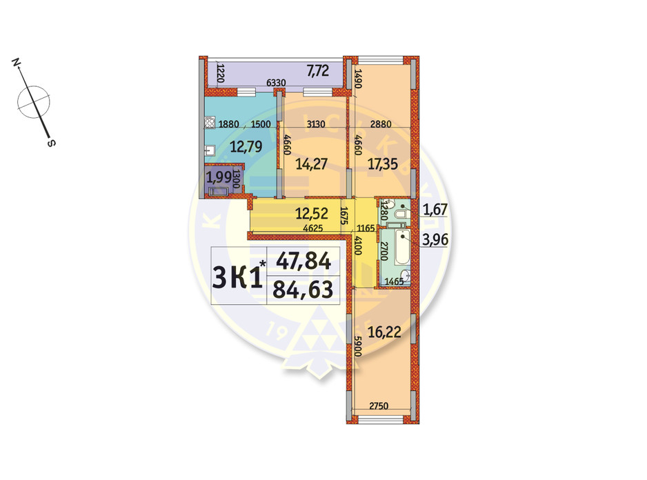 Планування 3-кімнатної квартири в ЖК Отрада 84.63 м², фото 146034 Планування 3-кімнатної квартири в ЖК Отрада 84.63 м², фото 146034