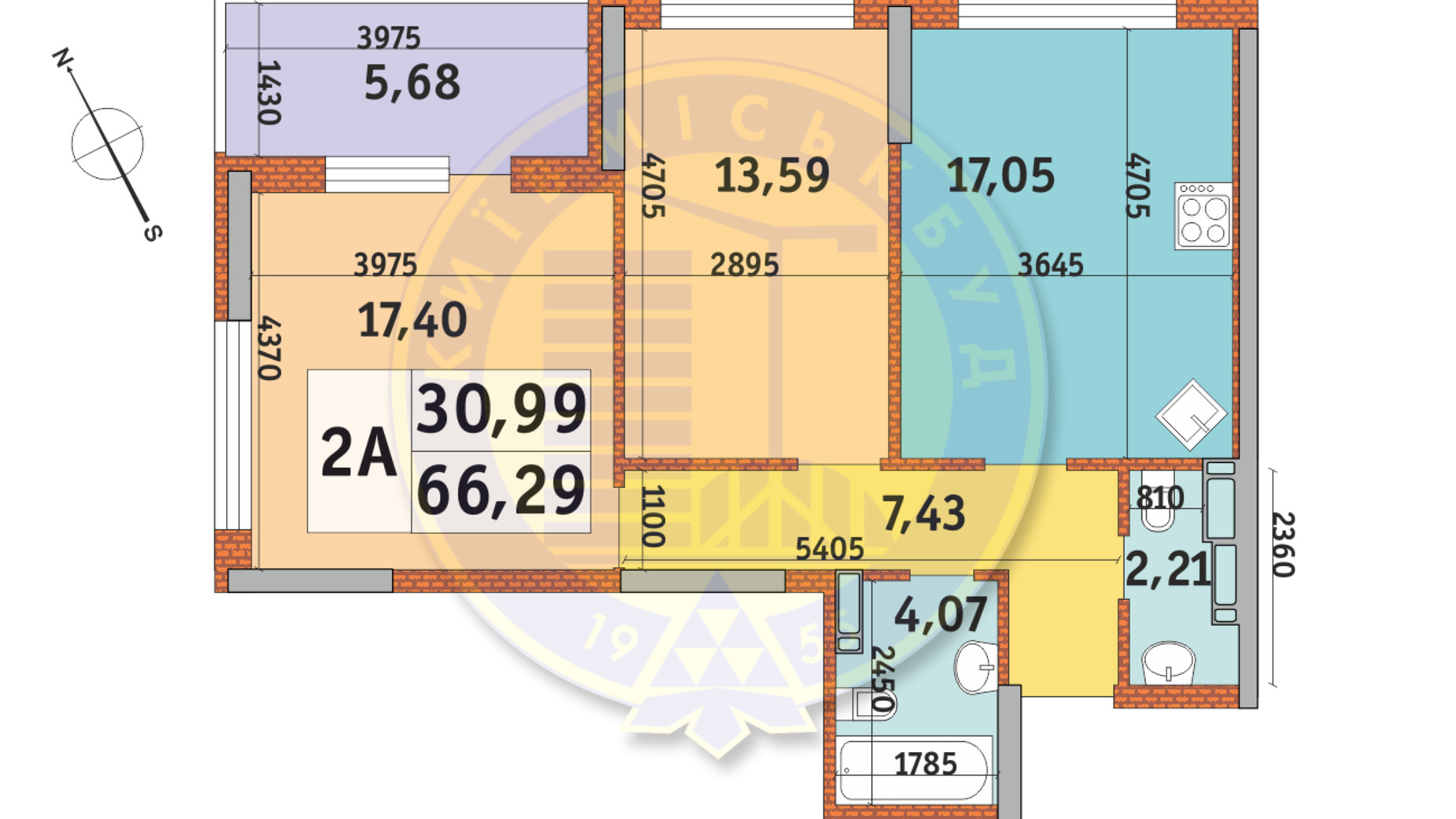 Планування 2-кімнатної квартири в ЖК Урлівський-1 66.29 м², фото 146053