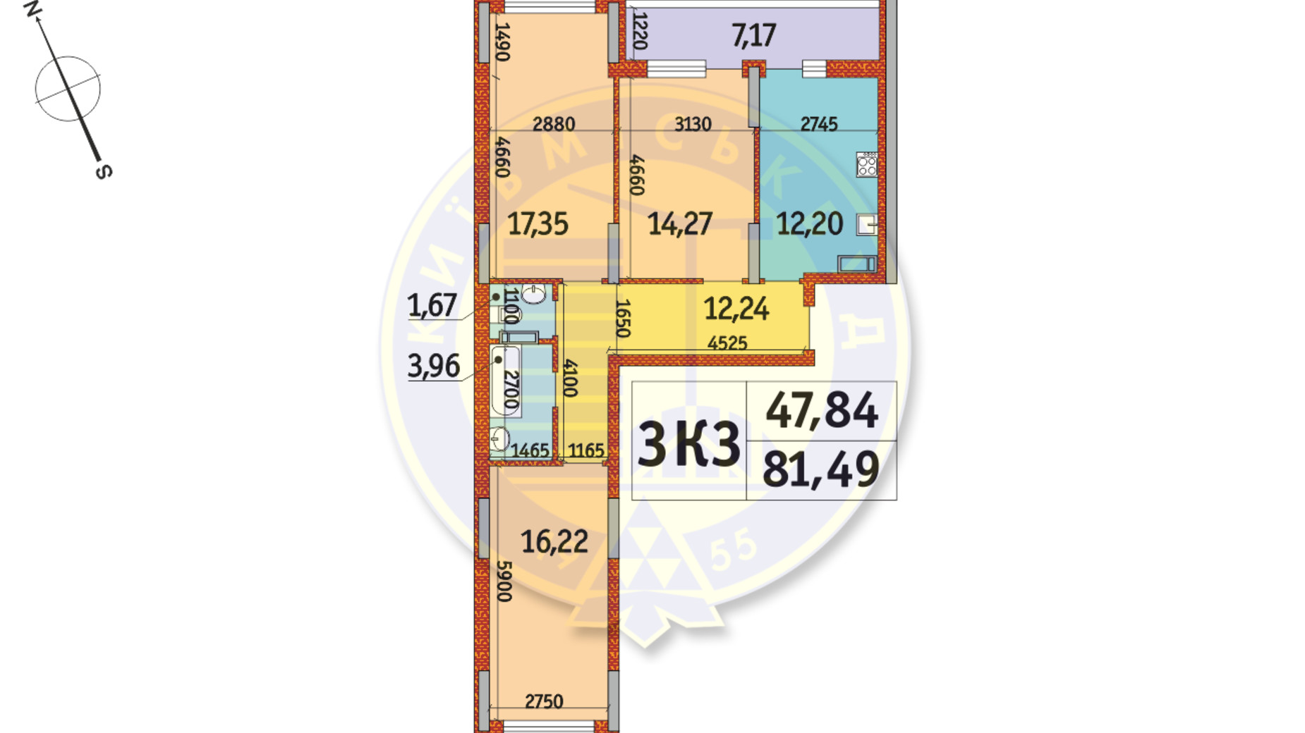 Планировка 3-комнатной квартиры в ЖК Отрада 81.49 м², фото 146107