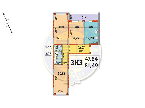 ЖК Отрада: планировка 3-комнатной квартиры 81.49 м²